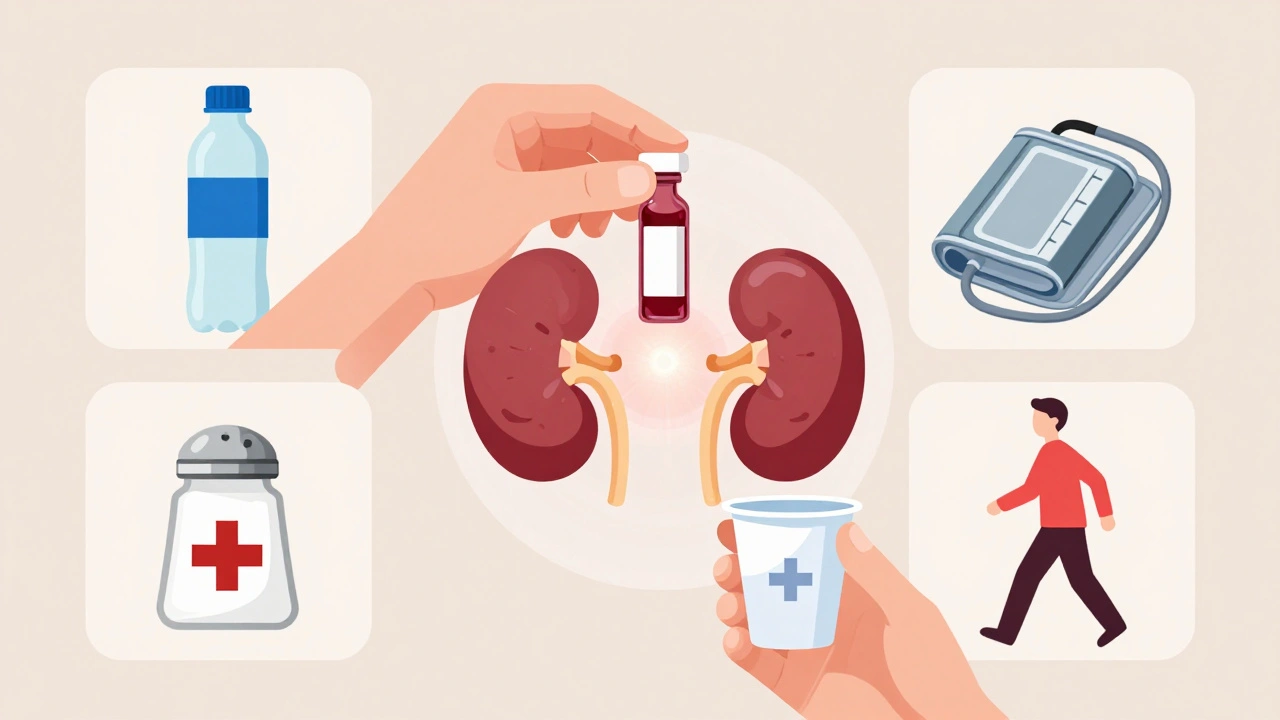 Persona con muestras de sangre y orina, rodeada de íconos de estilo de vida saludable.