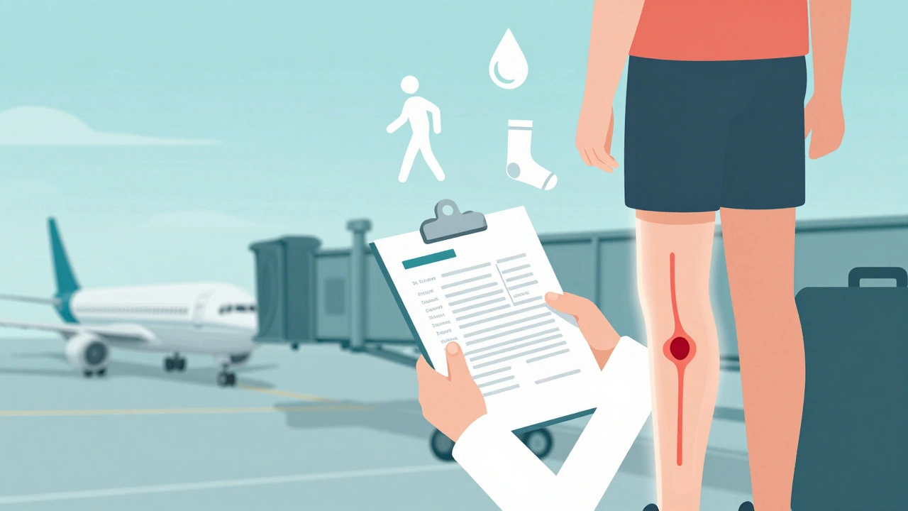 Persona en aeropuerto con hoja médica y símbolo de coágulo sutil en la pierna, listo para abordar.