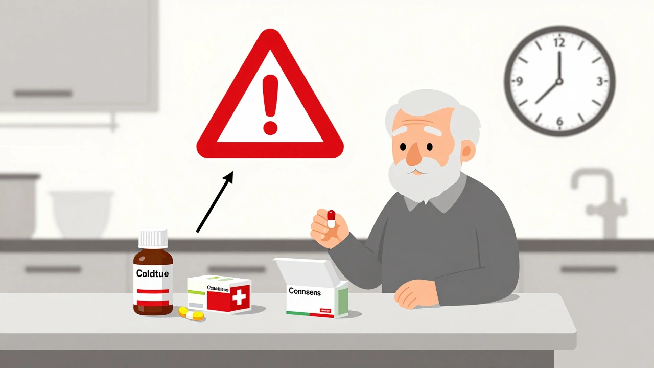 Persona mayor con cajas de medicinas y una señal de advertencia por interacciones peligrosas.