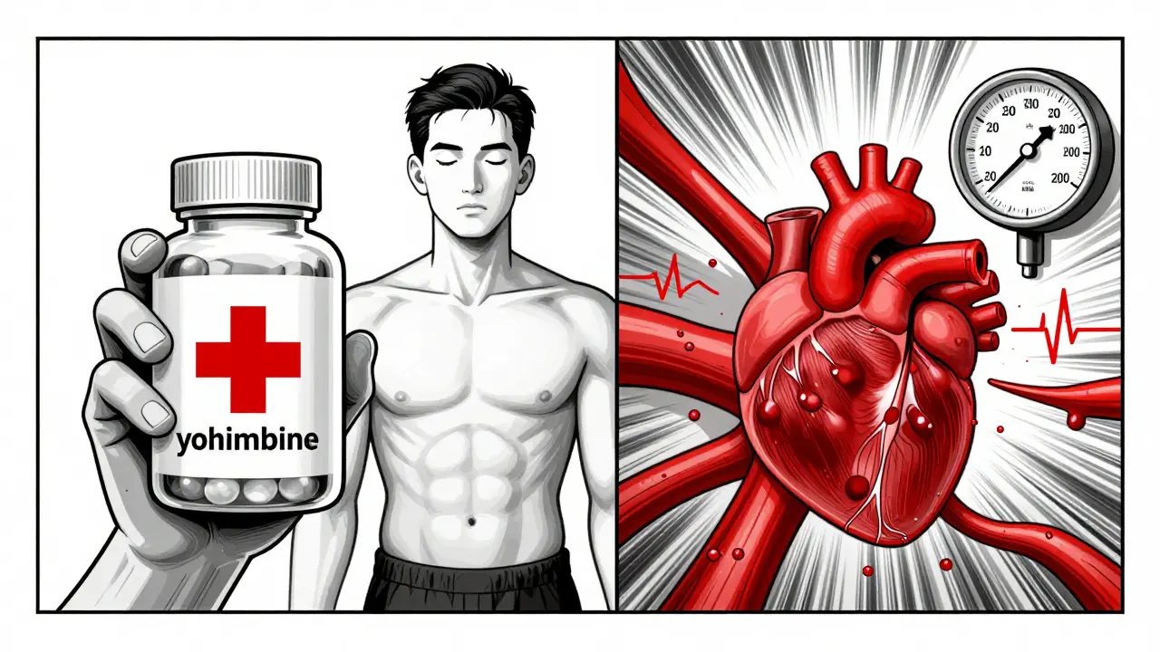 Persona sosteniendo un suplemento con una molécula oculta de yohimbina, cuerpo dividido entre calma y caos cardiovascular.