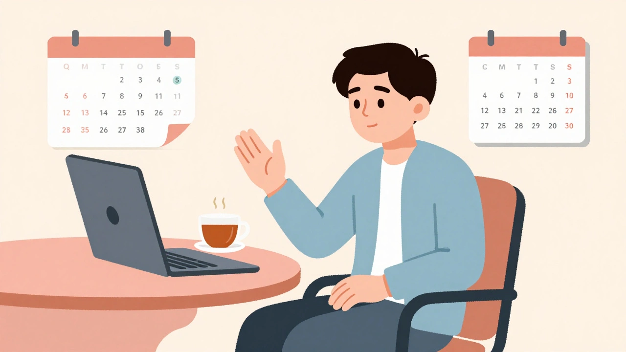 Persona trabajando desde casa con horario reducido y silla ergonómica, ambiente tranquilo.