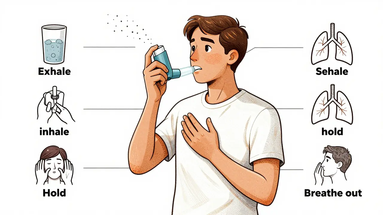 Persona usando un inhalador con espaciador, con partículas de medicina llegando a los pulmones.