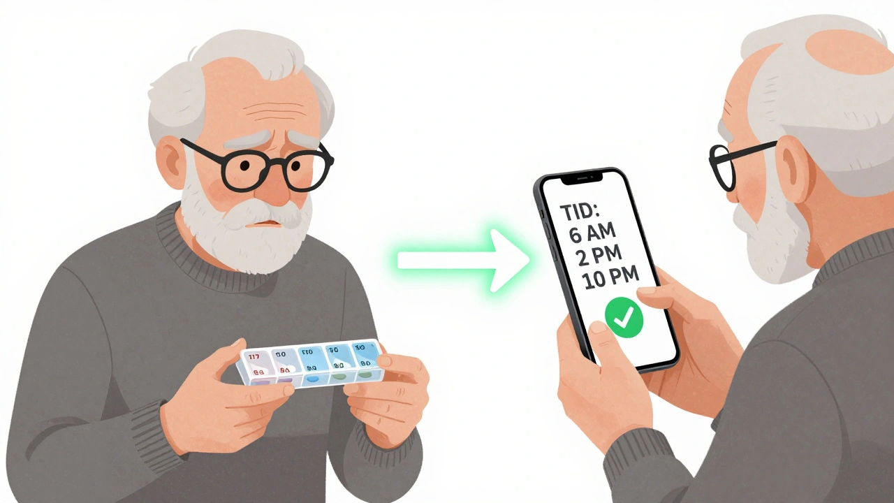 Persona usando un organizador de pastillas mal vs. una app que muestra horarios correctos de medicación.