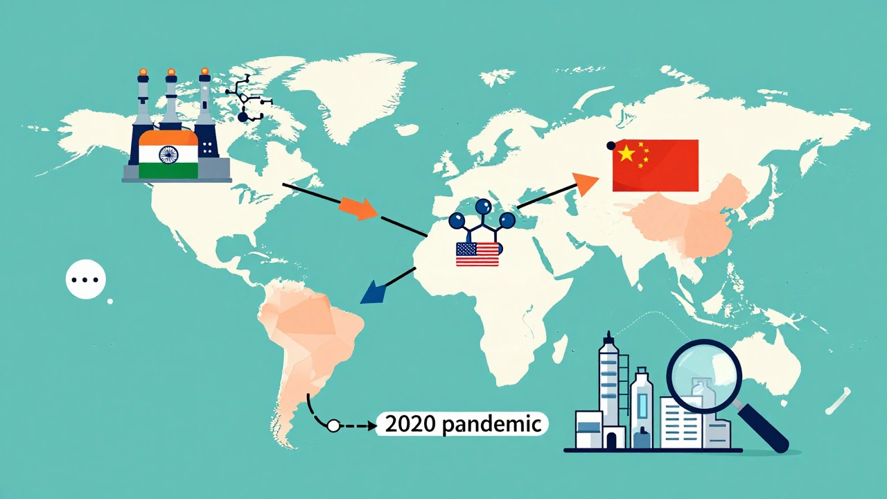 Red global de fabricación de medicamentos genéricos, con conexiones entre Asia y EE.UU., destacando vulnerabilidades logísticas.