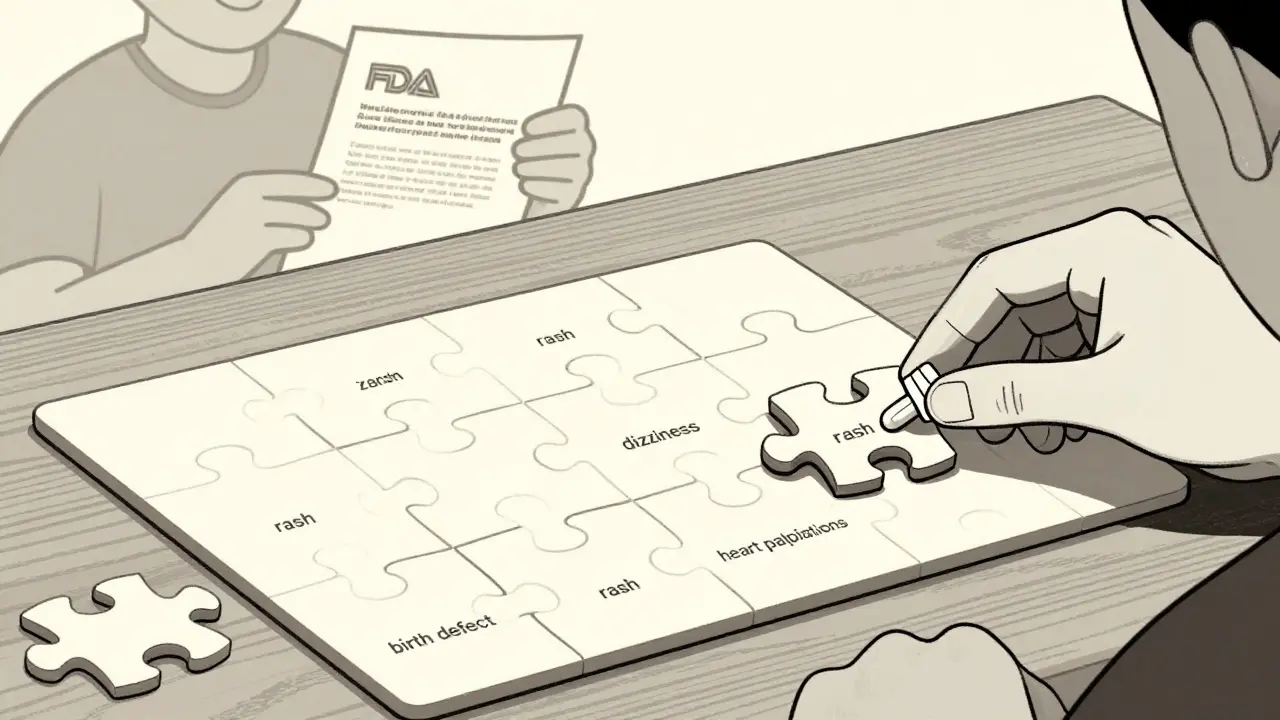 Rompecabezas de síntomas de reacciones adversas que se completa con un medicamento, estilo suizo minimalista.