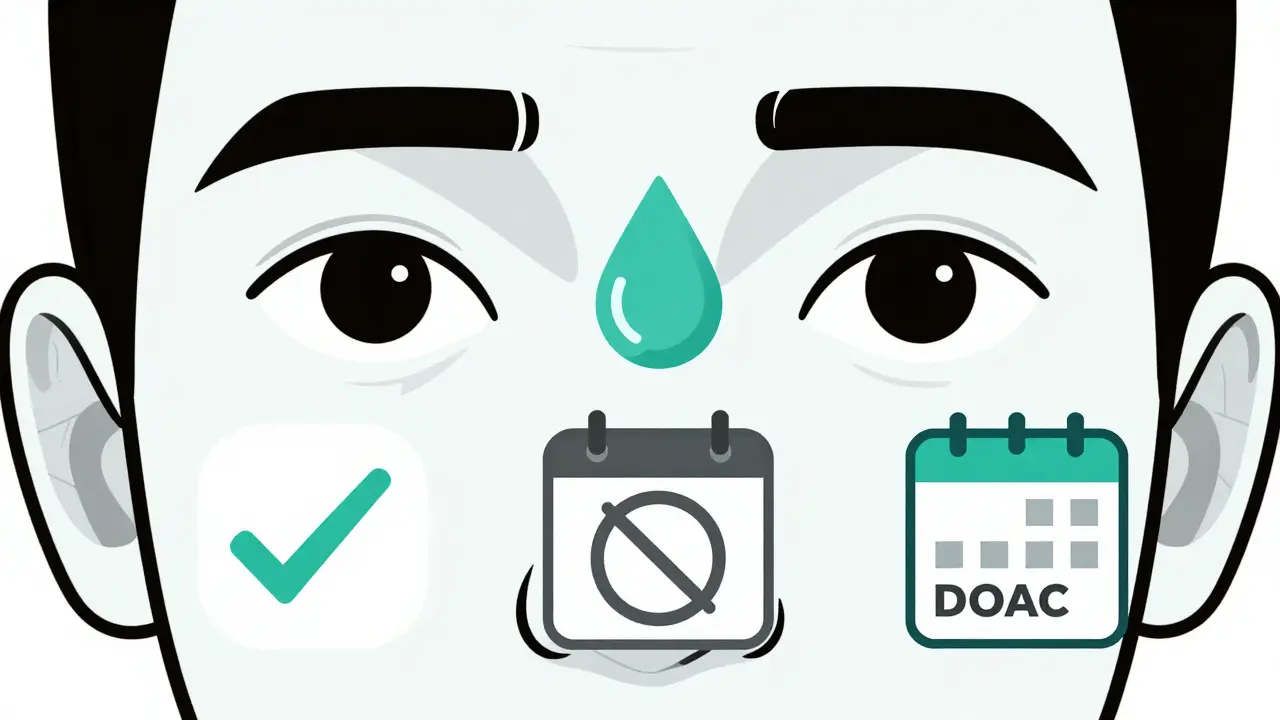 Rostro estilizado con símbolos de medicamentos y riesgos de sangrado, ilustración suiza minimalista sin texto.