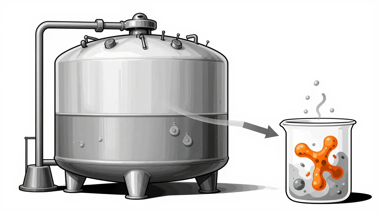 Tanque industrial de bioproducción comparado con un vaso de laboratorio, con flujos desiguales.