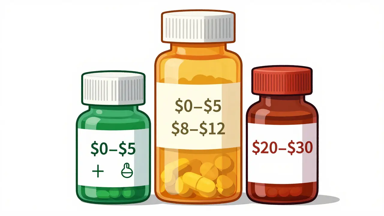 Tres niveles de medicamentos de la VA representados como botellas apiladas por costo y tipo.