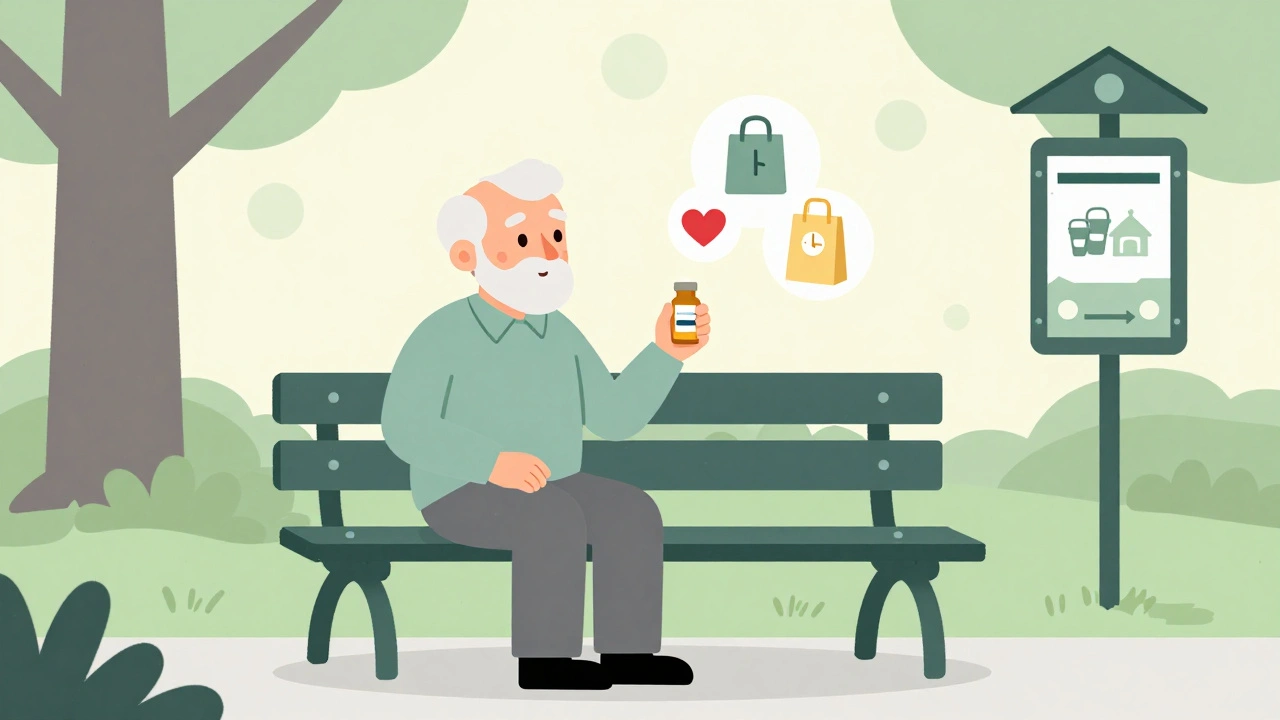 Un paciente mayor en un parque sonríe mientras mira un folleto que simboliza ahorros en comida, transporte y salud con iconos visuales.