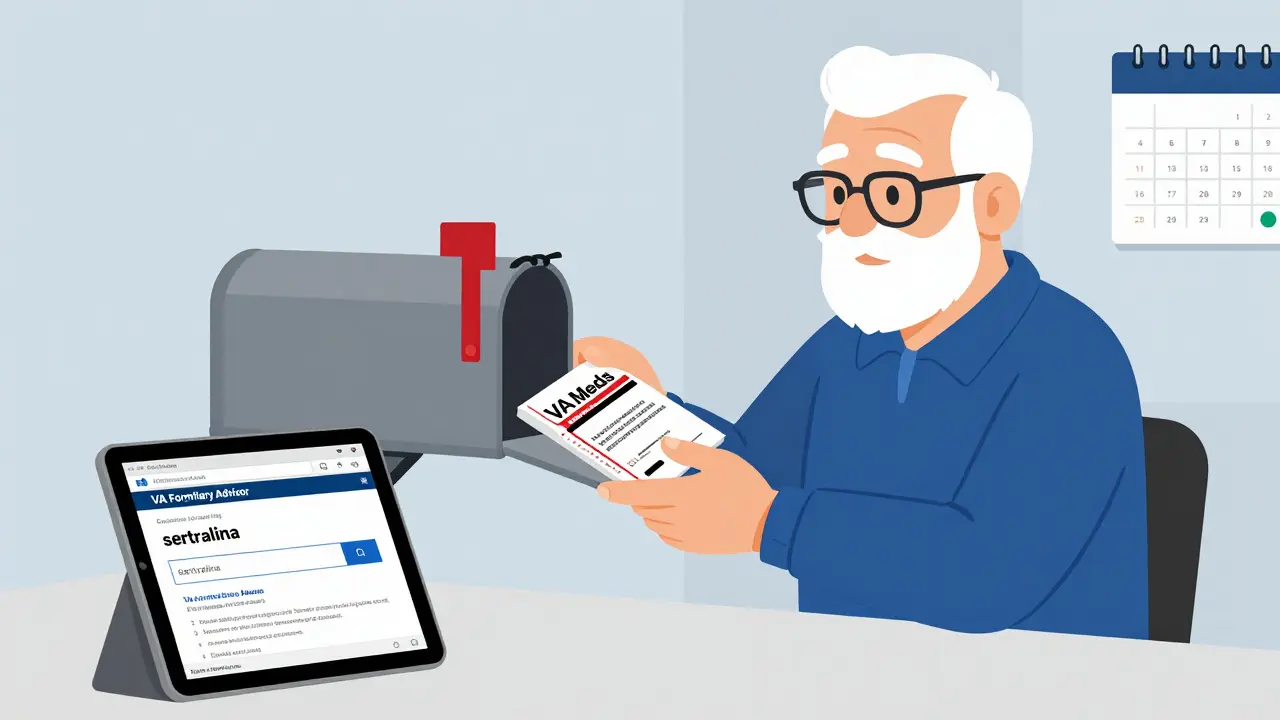Veterano recibe medicamentos por correo y consulta el formulario de la VA en una tablet.