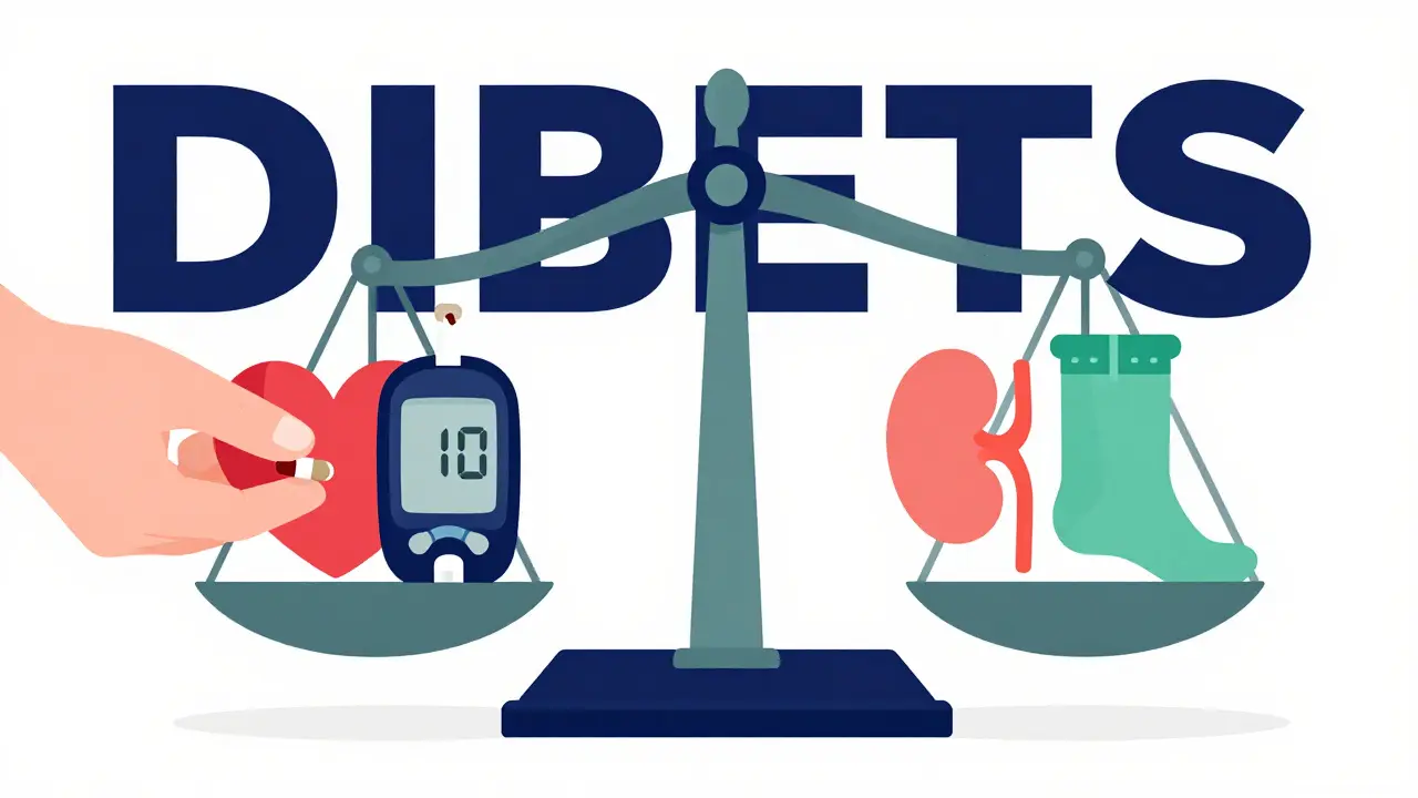 Balanza médica equilibrando control de glucosa contra riesgos ocultos en órganos.