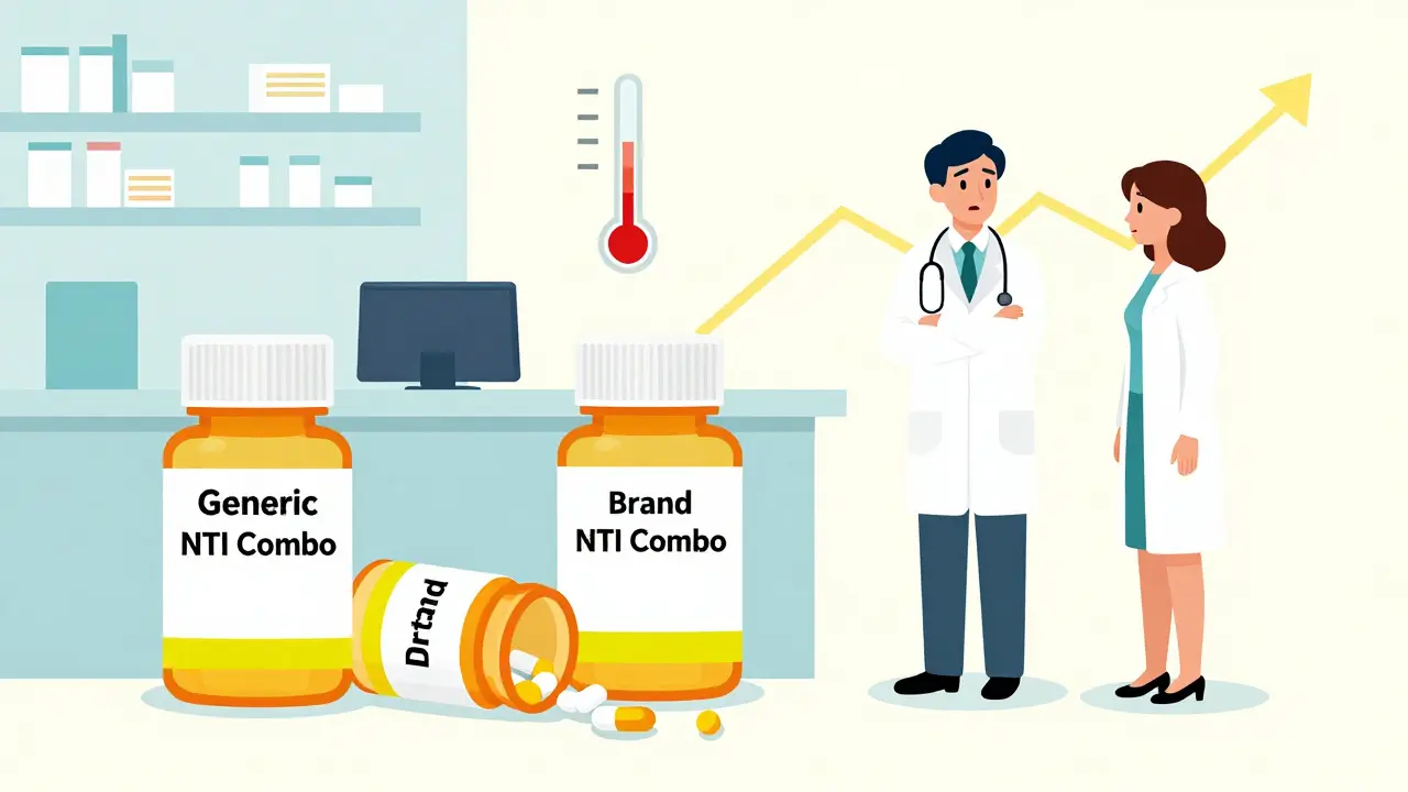 Botellas de medicamentos genéricos y de marca NTI, una rota, con gráfico de riesgo creciente.