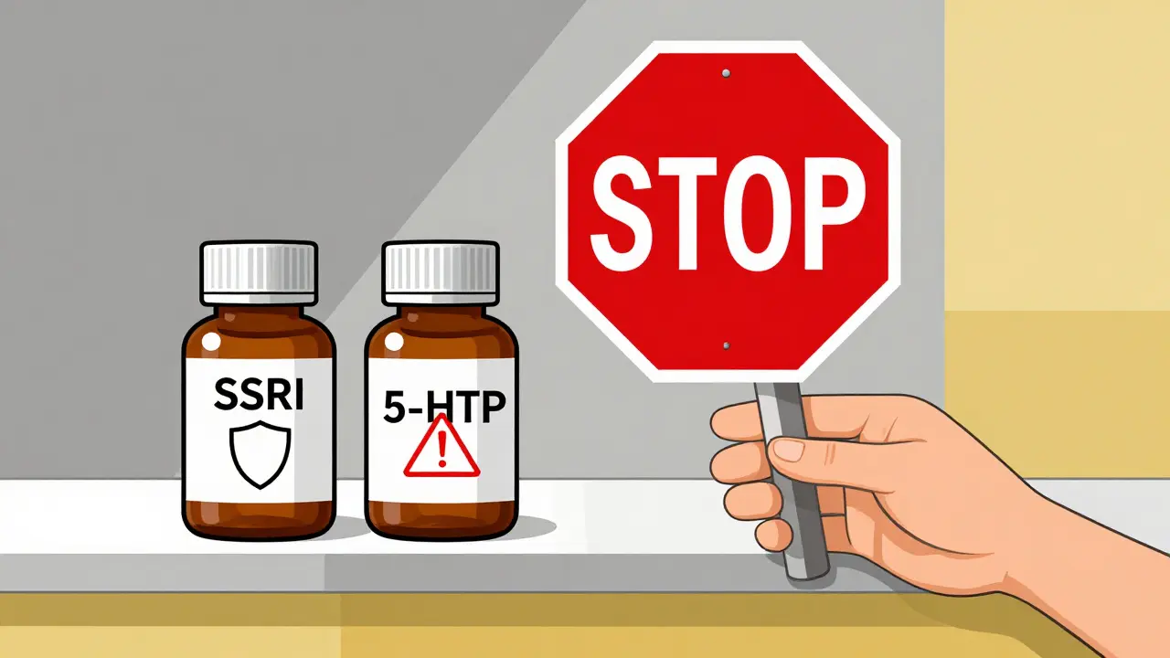 Botellas de SSRI y 5-HTP en una farmacia, separadas por una señal de stop roja, fondo geométrico minimalista.