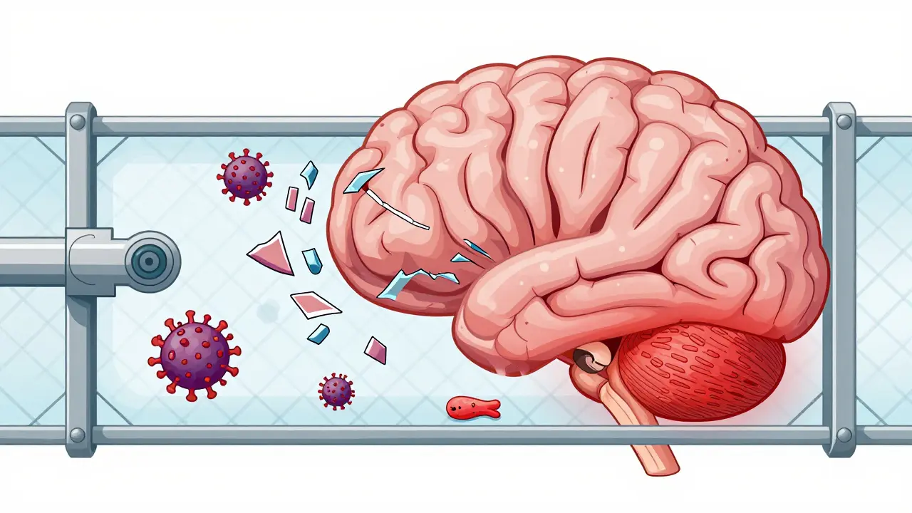 Células inmunes cruzando la barrera hematoencefálica mientras las células reparadoras están inactivas.