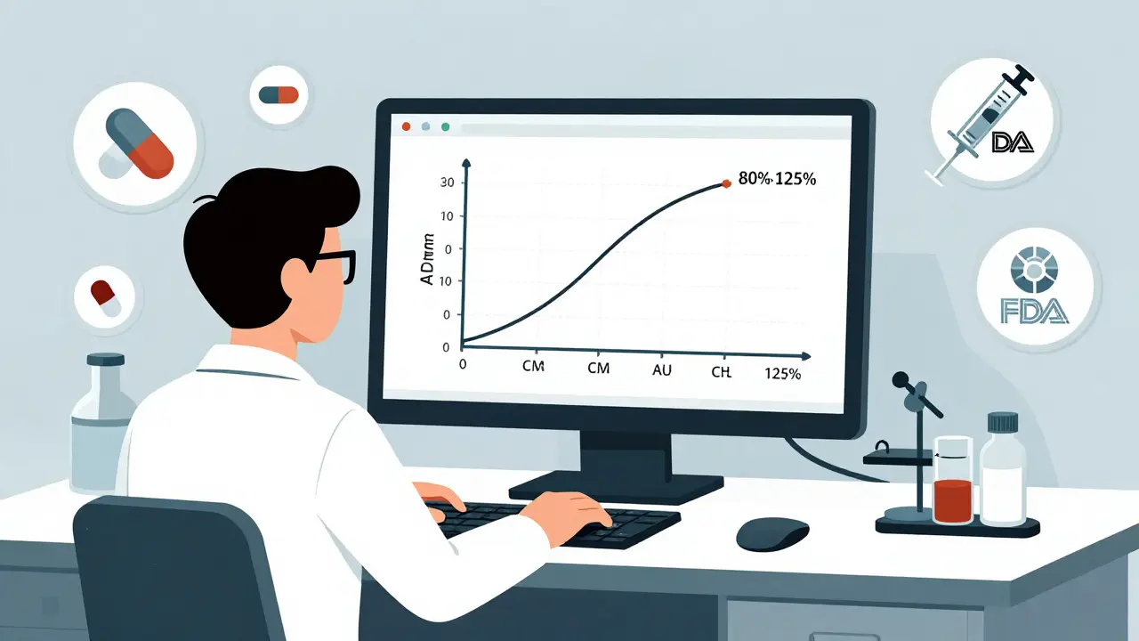 Científicos analizan gráficos de bioequivalencia en una pantalla, con símbolos de medicamentos y el sello de la FDA.