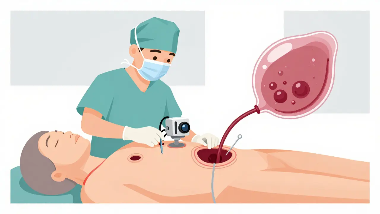 Cirujano realizando una colecistectomía laparoscópica con instrumentos mínimos y vesícula siendo extraída.