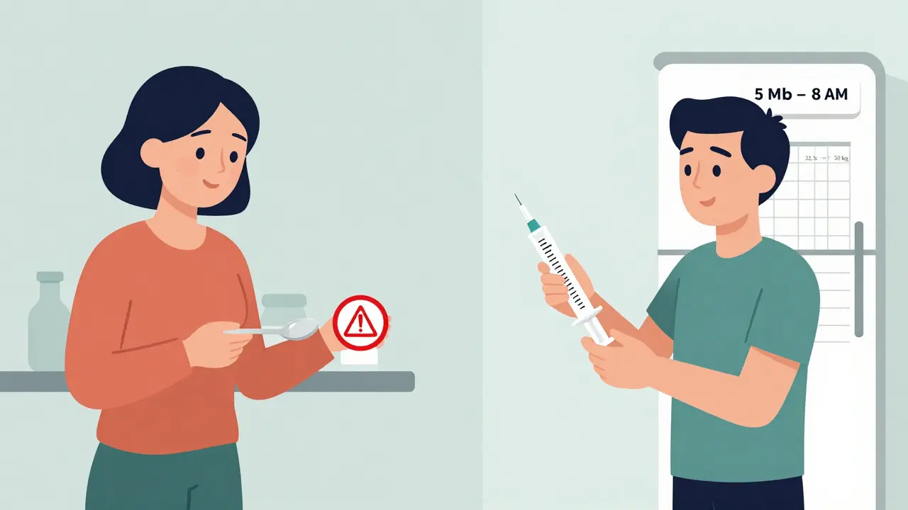 Comparación entre usar cuchara de cocina y jeringa médica.