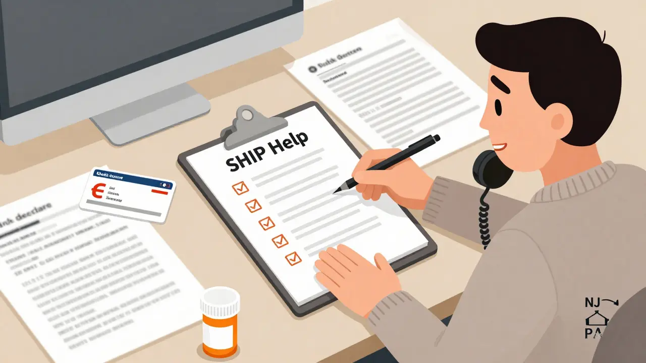 Consejero organizando documentos médicos con checklist de ayuda SHIP.