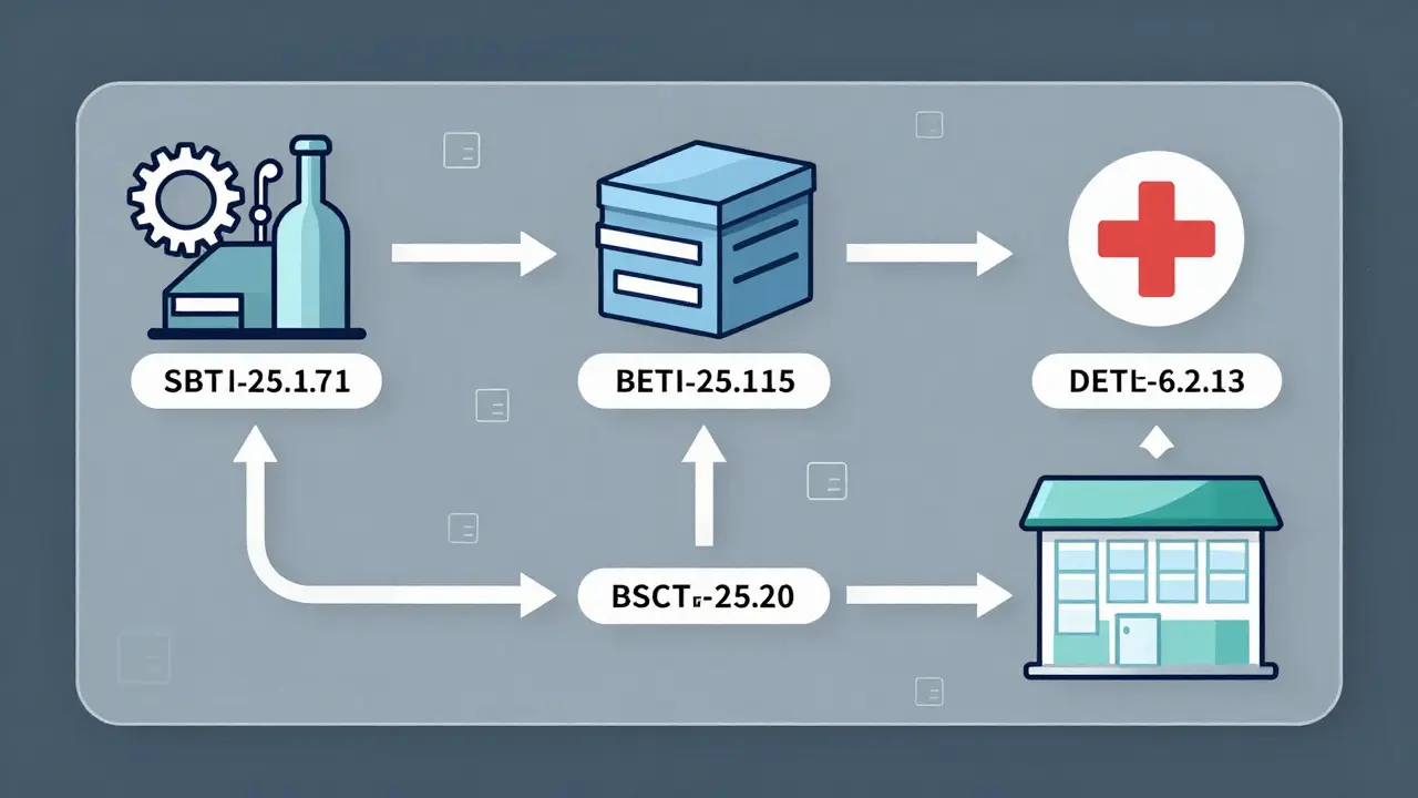 Diagrama simplificado del recorrido de un medicamento desde fábrica hasta farmacia, con códigos de lote y serial.