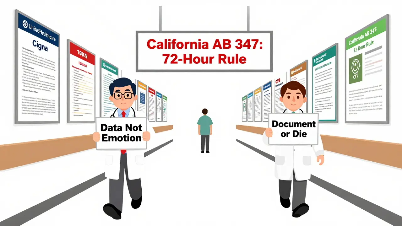 Doctores caminan por un pasillo con carteles de aseguradoras, hacia una señal que indica la ley AB 347.