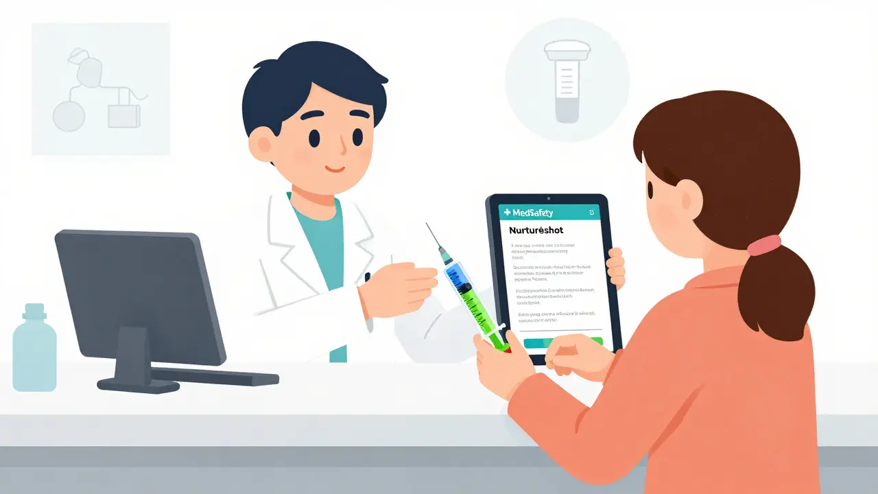 Farmacéutico entrega jeringa colorida para dosificación segura.