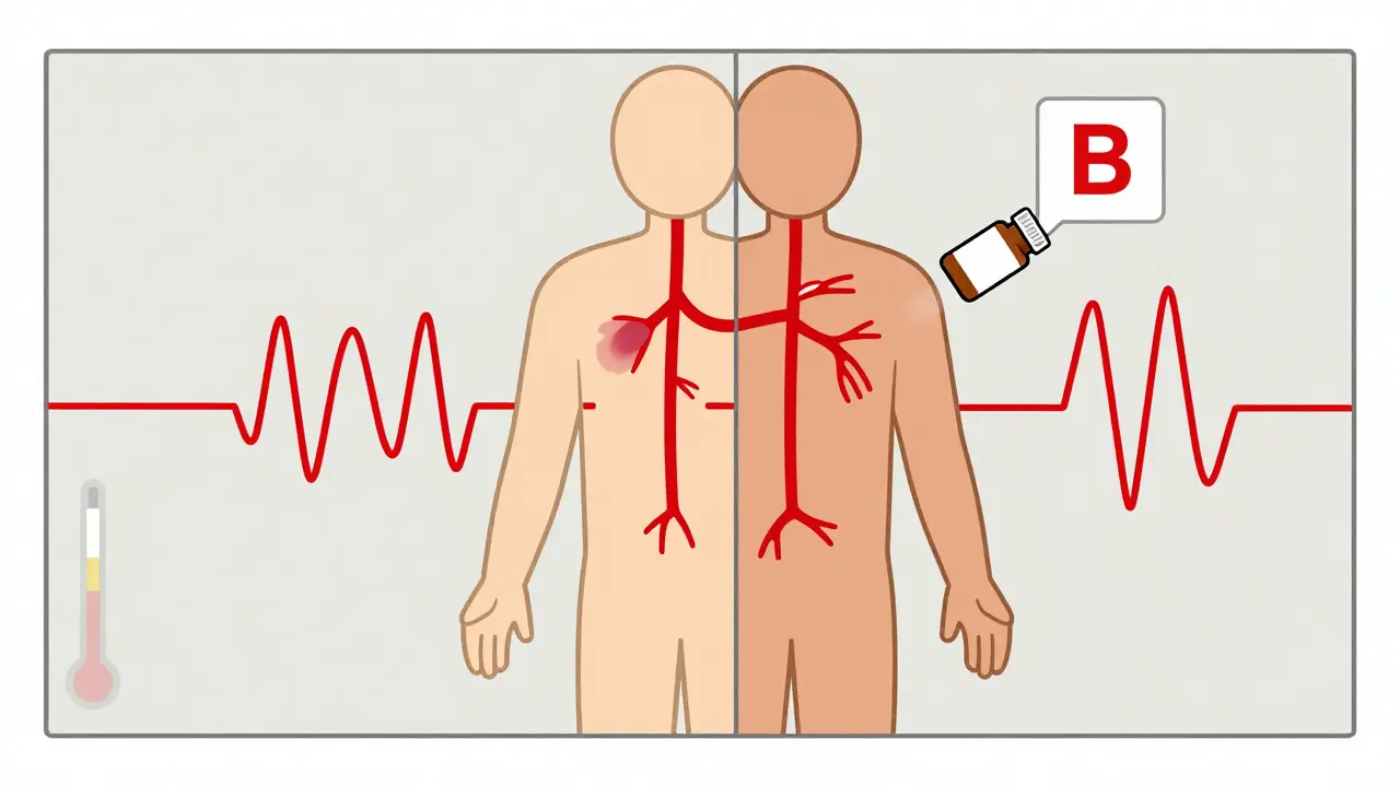 Figura humana con flujos sanguíneos idénticos para medicamentos de marca y genérico, con código B en desuso.