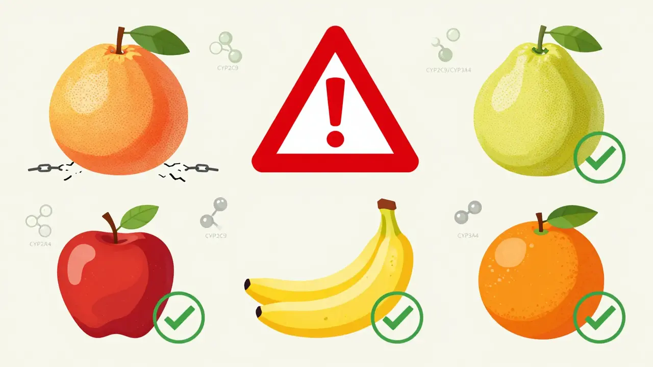 Frutas riesgosas con símbolos de peligro frente a frutas seguras en una comparación visual limpia y minimalista.