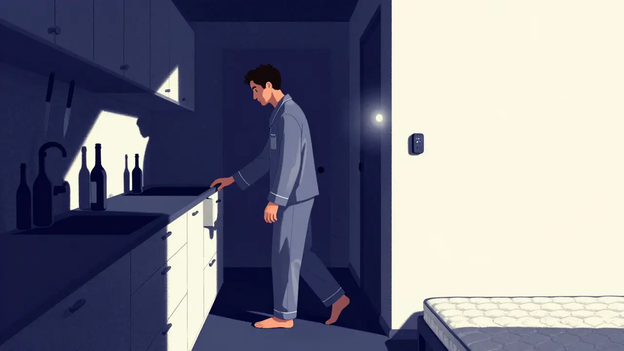 Hombre caminando por la casa en la noche, sin objetos peligrosos, colchón en el suelo y alarma en la puerta.