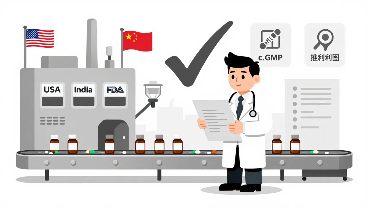 Inspector de la FDA inspecciona una fábrica de medicamentos genéricos con indicadores de normas y patentes.