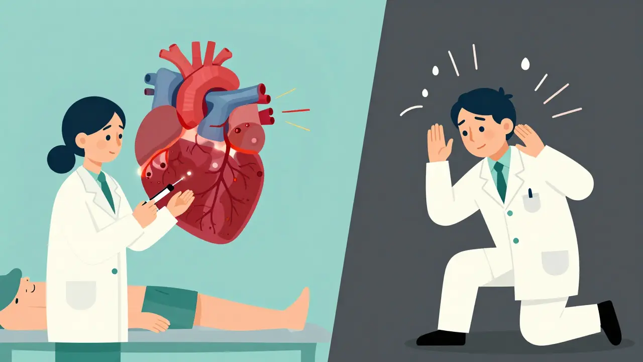 Inyección de medicamento para prueba de esfuerzo farmacológica con corazón ilustrado.