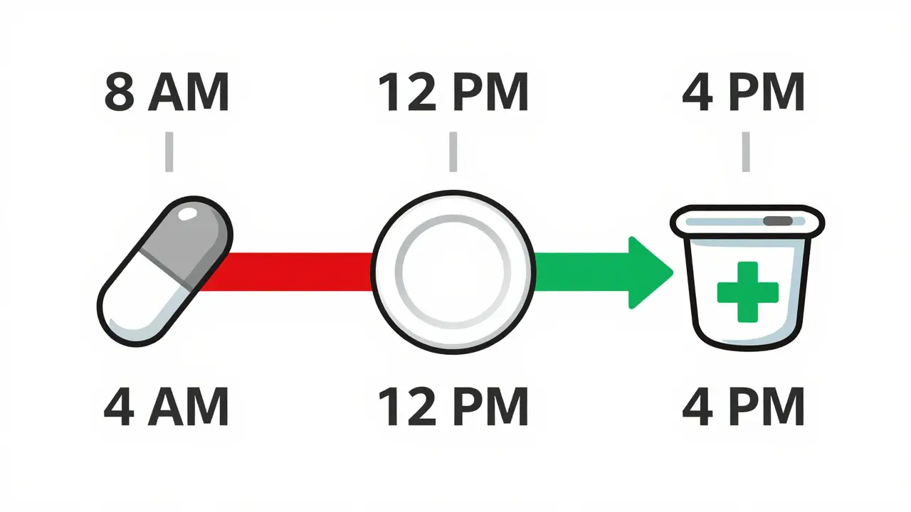 Línea de tiempo con horarios seguros para tomar antibióticos sin lácteos.