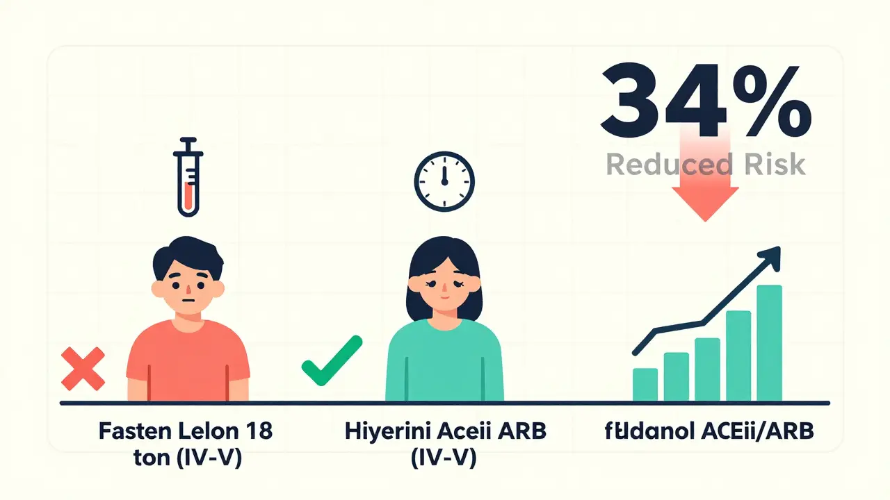 Línea de tiempo de pacientes con enfermedad renal: uno continúa el tratamiento con beneficios claros.
