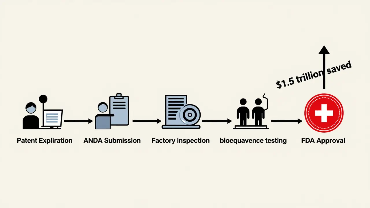 Línea de tiempo ilustrada que muestra el proceso de aprobación de medicamentos genéricos hasta el ahorro de .5 billones.