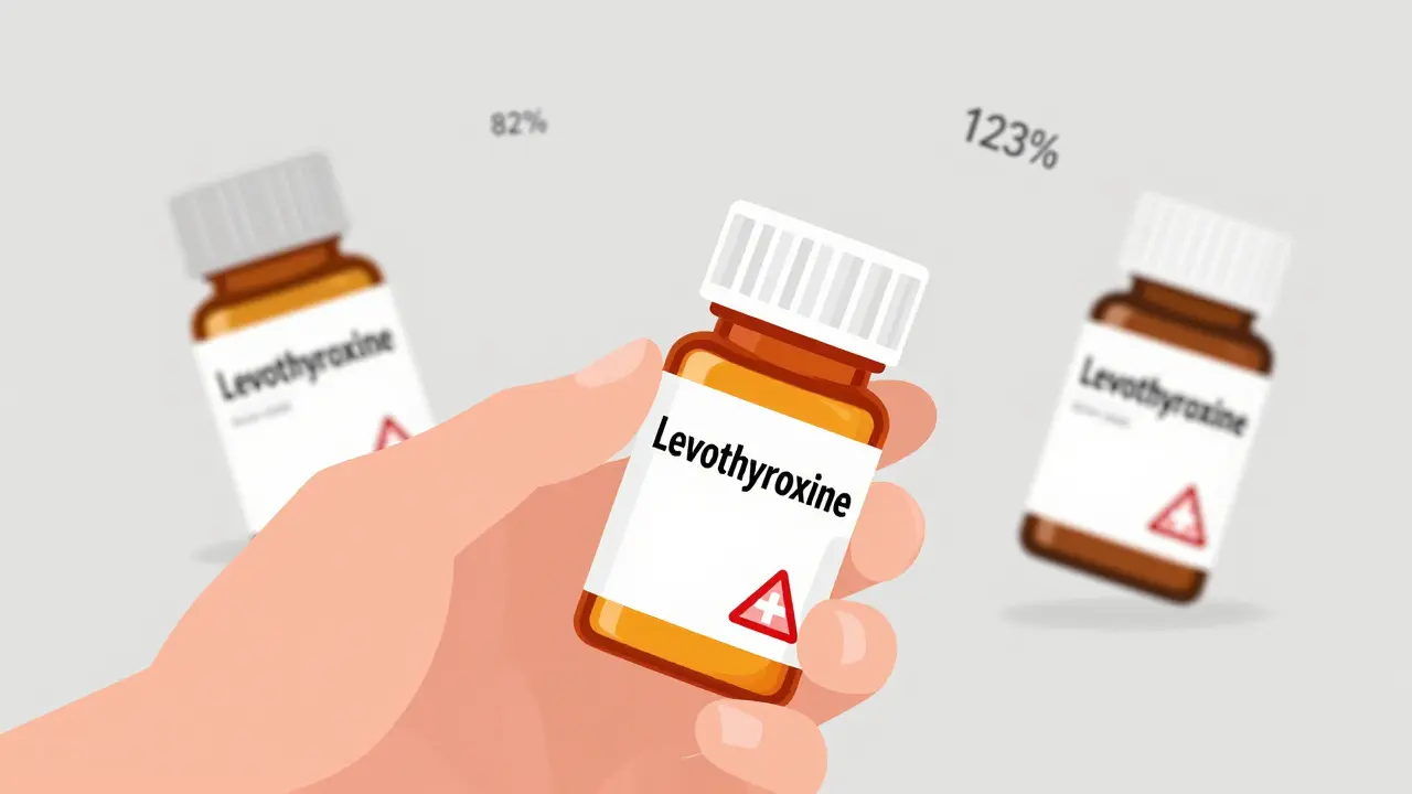 Mano sosteniendo un frasco de levotiroxina con un triángulo de advertencia y porcentajes de absorción.