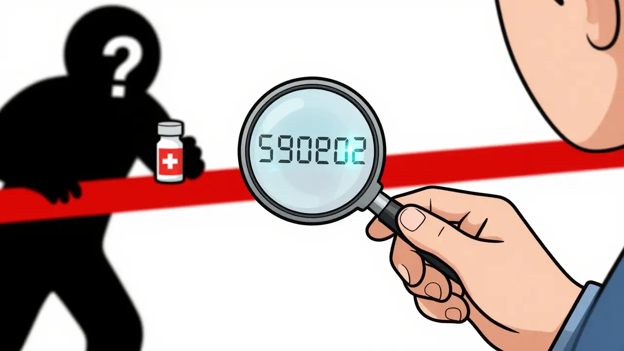 Mano sosteniendo un medicamento con código serial visible, mientras se bloquea un envase falsificado.