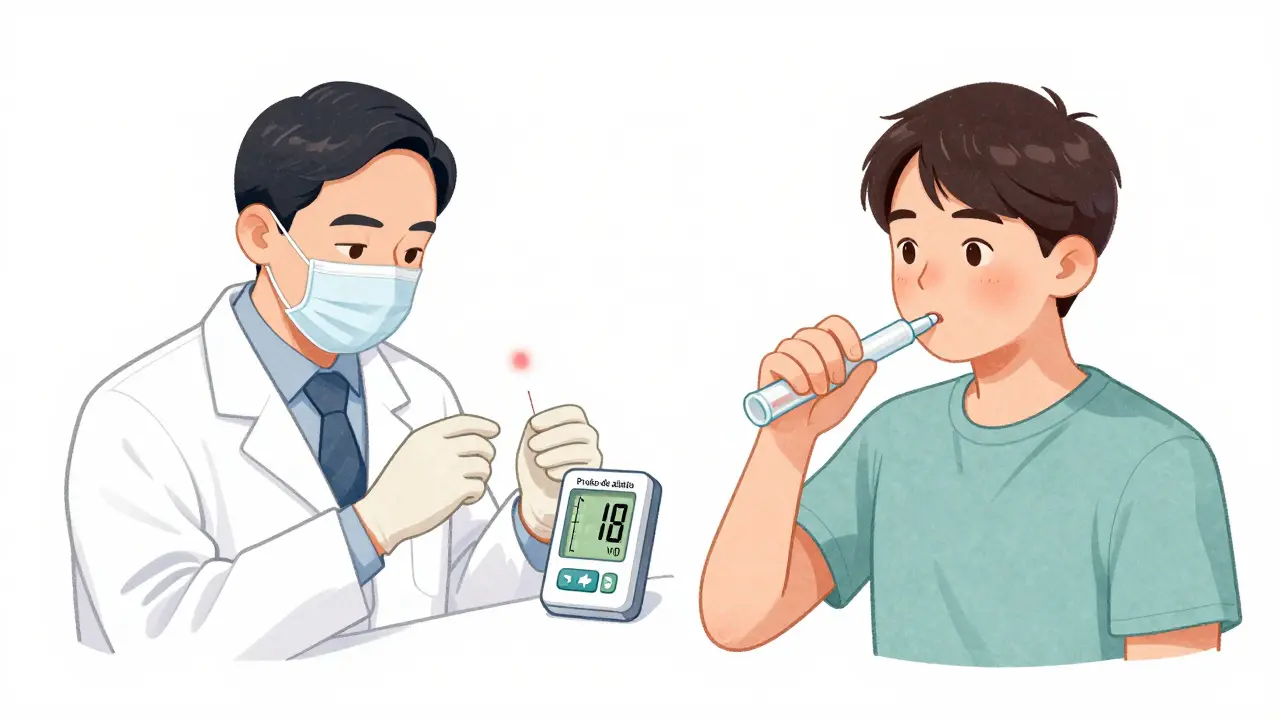 Médico realizando prueba de alergia con pinchazo y prueba de aliento con medidor de hidrógeno, estilo suizo.