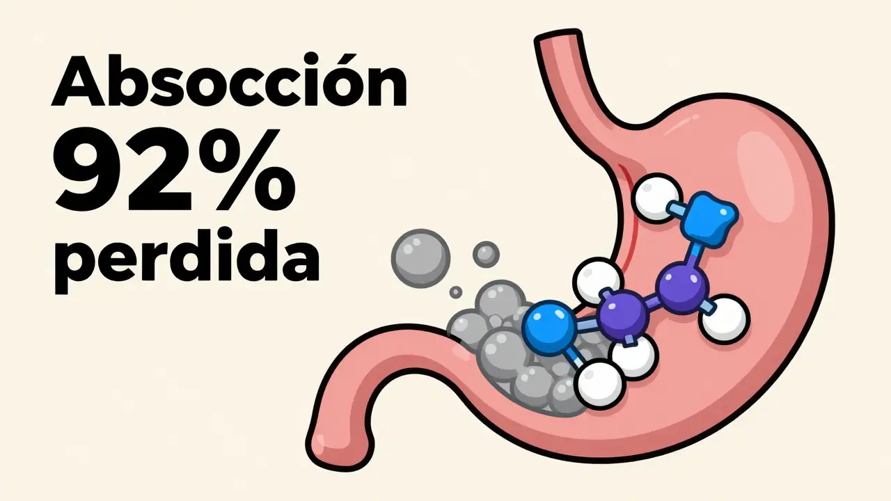 Moléculas de antibiótico atrapadas por calcio en el estómago, formando residuos inútiles.