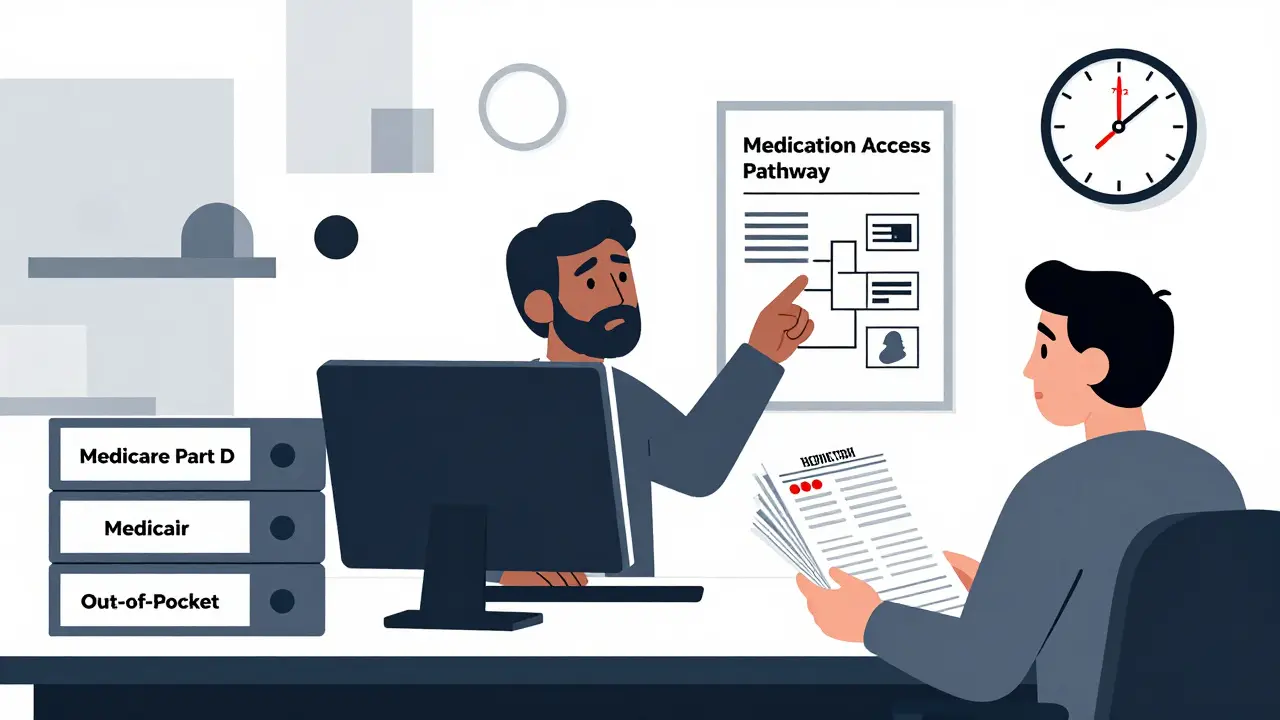 Oficina de residencia de ancianos con archivos de seguros médicos y un farmacéutico rodeado de formularios.