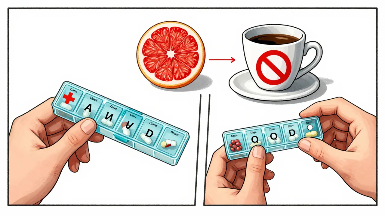 Organizador de pastillas con símbolos de interacciones peligrosas.
