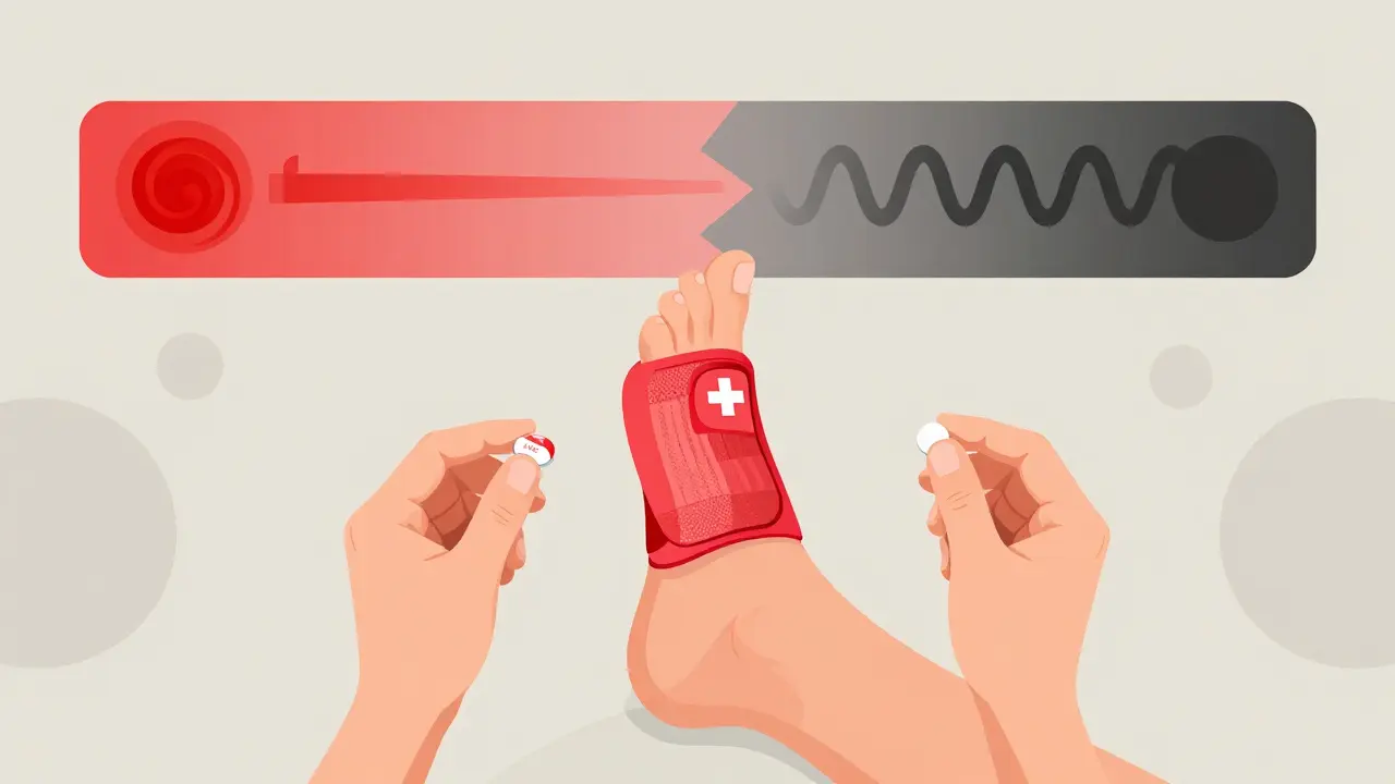 Paciente con esguince de tobillo y dos medicamentos, con vías de acción visualizadas como líneas geométricas.