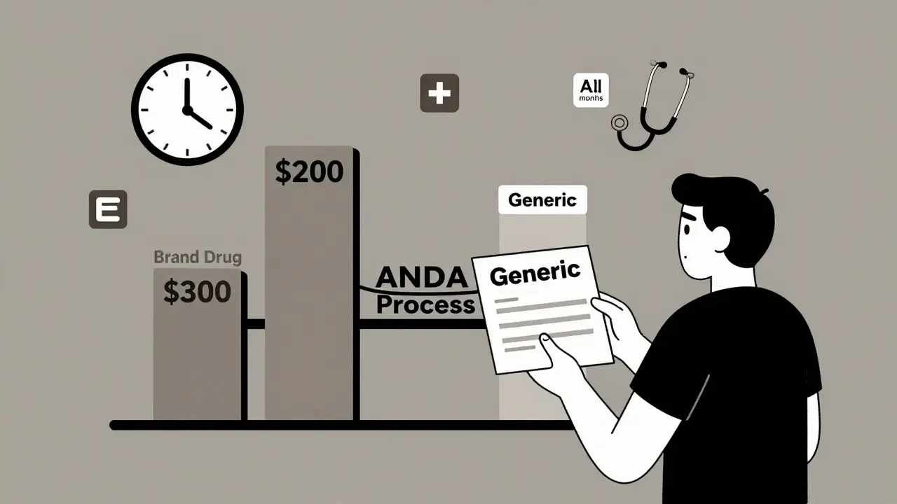 Paciente con receta y gráfico de ahorro: medicamento de marca vs. genérico, conectado por el proceso ANDA.