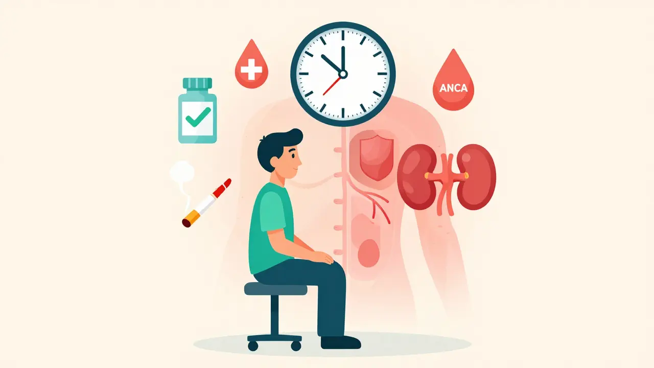 Paciente en calma con símbolos médicos flotantes: pastilla, anticuerpo ANCA, riñón protegido y cigarrillo tachado, representando tratamiento y control.
