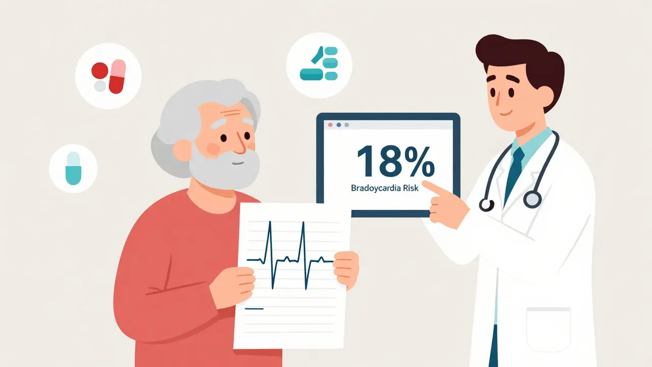 Paciente mayor con electrocardiograma y médico revisando una calculadora de riesgo de bradicardia.