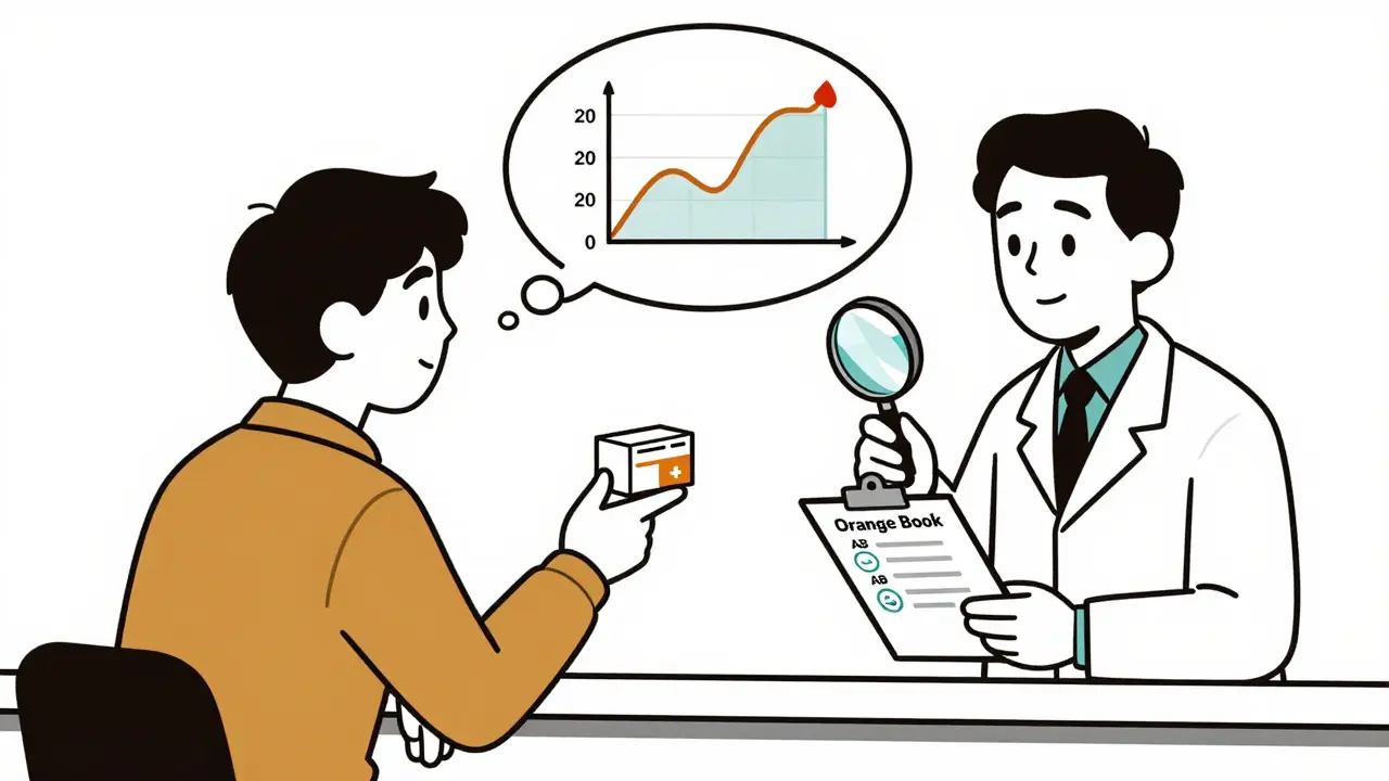 Paciente y farmacéutico discutiendo un medicamento con una burbuja de pensamiento mostrando niveles en sangre.