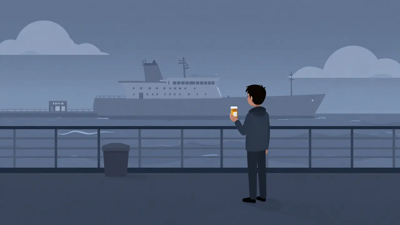 Pasajero mira hacia un puerto lejano con una botella de medicamentos vacía.