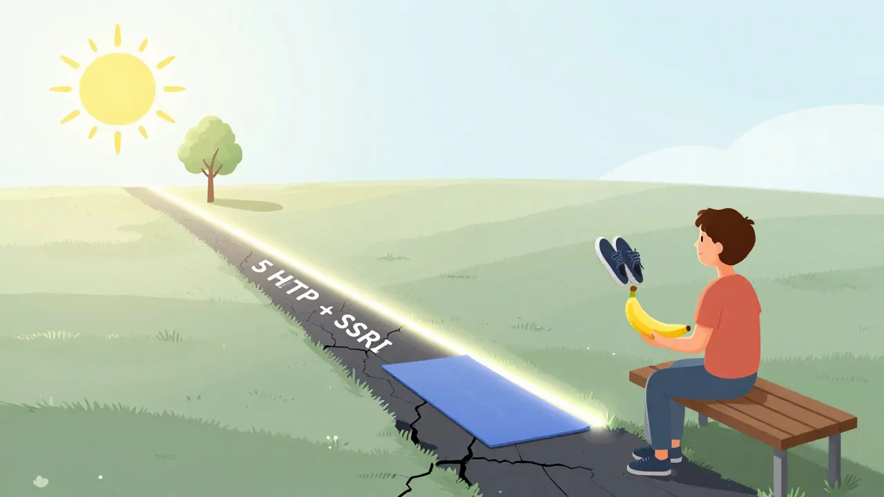 Persona bajo el sol con plátano y zapatos, caminando hacia alternativas naturales, alejándose de un camino peligroso.