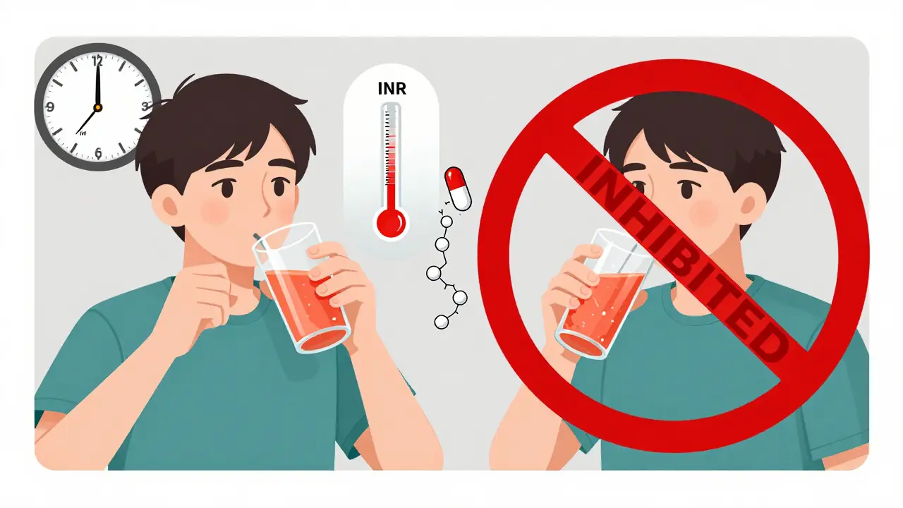 Persona que bebe jugo de uva de la china con reloj y medidor INR subiendo peligrosamente tres días después.