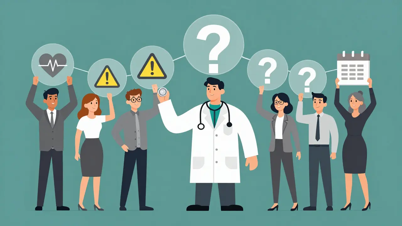 Personas con preguntas conectadas a un estetoscopio, simbolizando el diálogo médico.