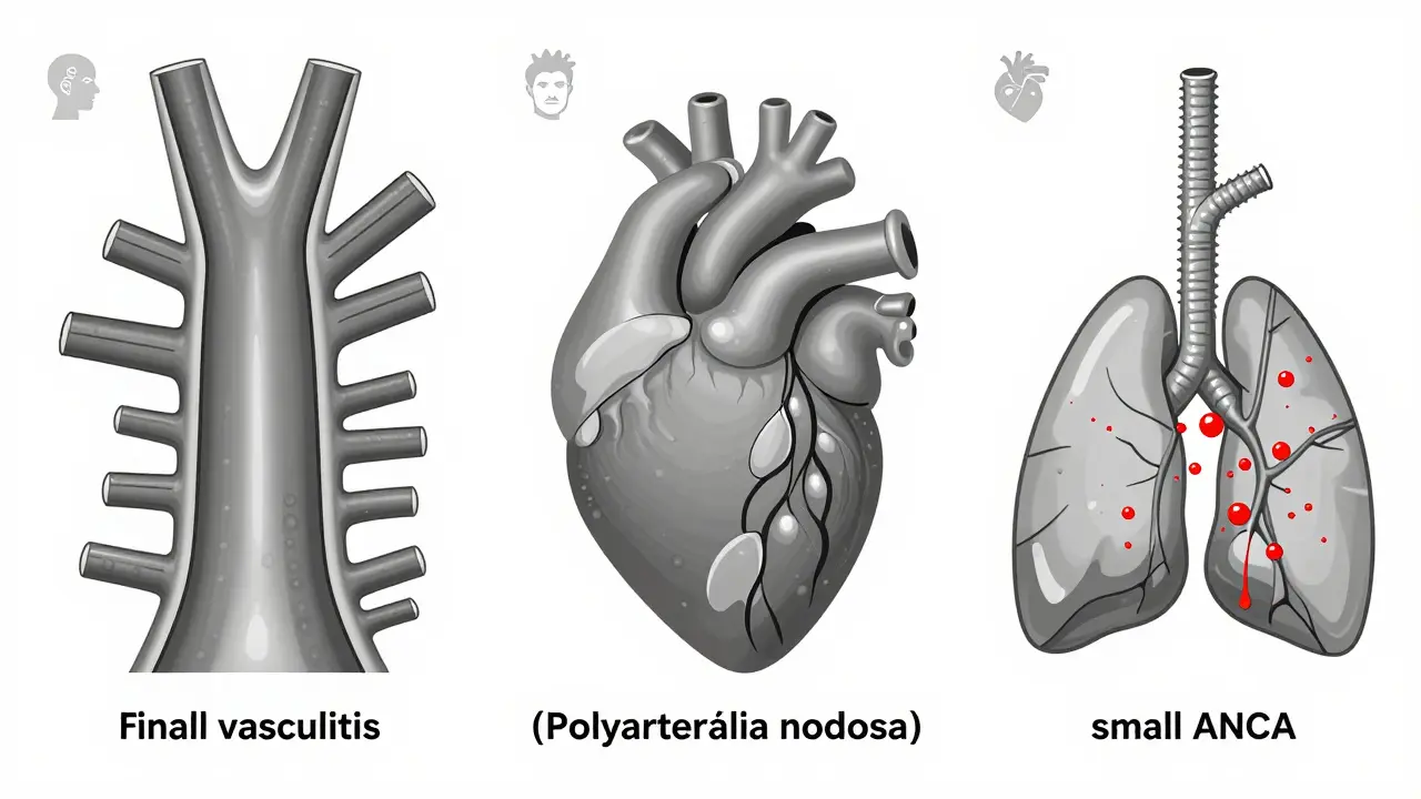 Tres tipos de vasos sanguíneos representados estilísticamente: grande, mediano y pequeño, cada uno con sus características de inflamación y órganos afectados.