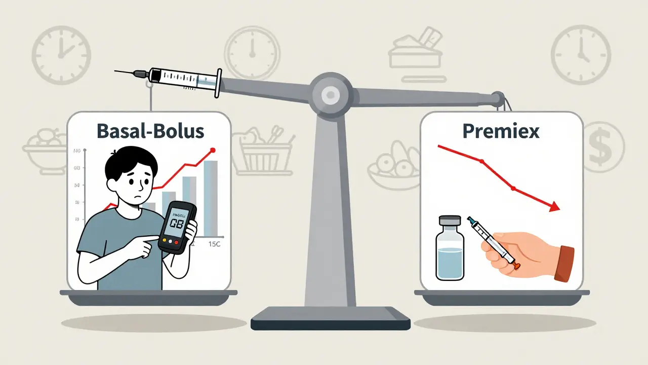 Balanza médica comparando insulina basal-bolus y premezclada con símbolos de glucosa, reloj y dinero.